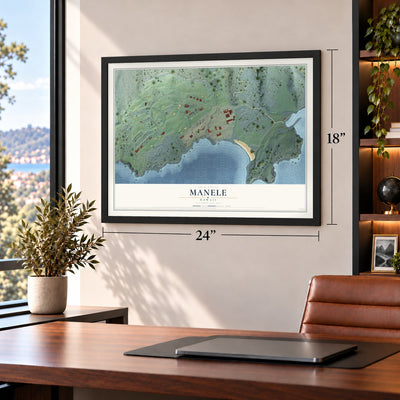 Manele, Hawaii map, 18 x 24 inch print in a black frame in a home office