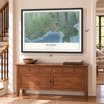Manele, Hawaii map, 24 x 36 inch print in a black frame above a dresser by a staircase