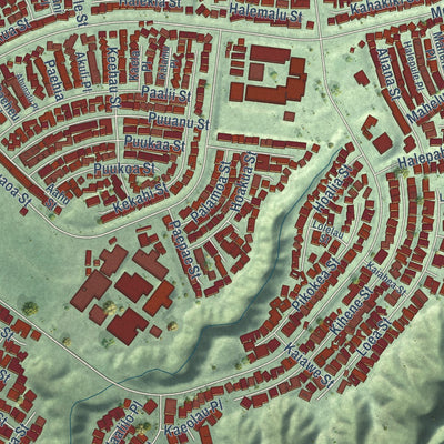 Close-up of the map of Mililani Mauka, Hawaii print showing street and building detail