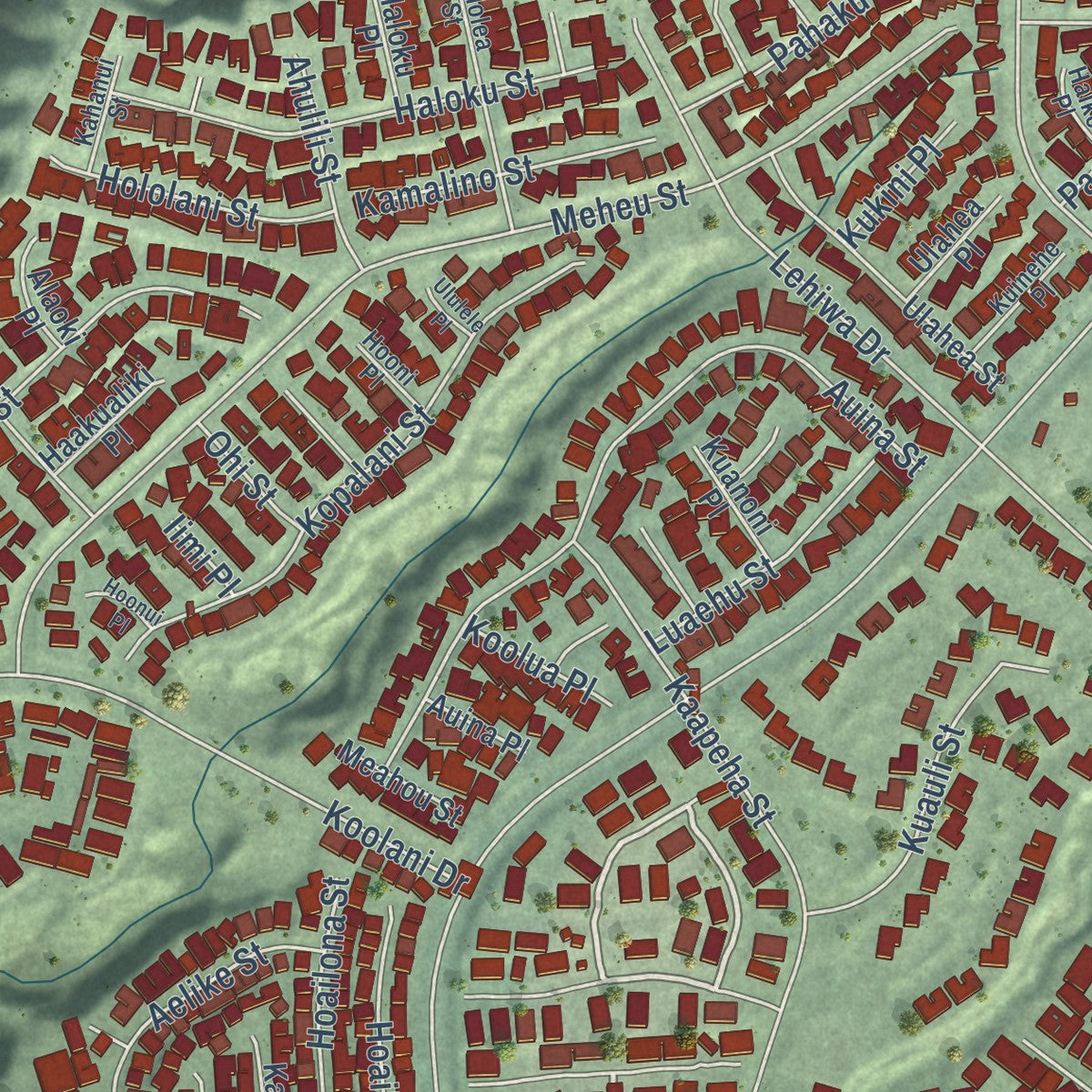 Second close-up of the map of Mililani Mauka, Hawaii print showing more streets and buildings