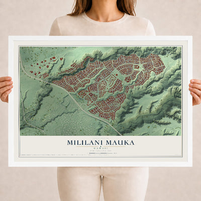 Map of Mililani Mauka, Hawaii, 18 x 24 inch print in a white wood frame