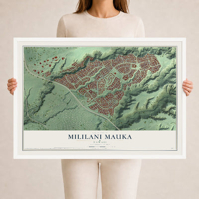 Map of Mililani Mauka, Hawaii, 24 x 36 inch print in a white wood frame