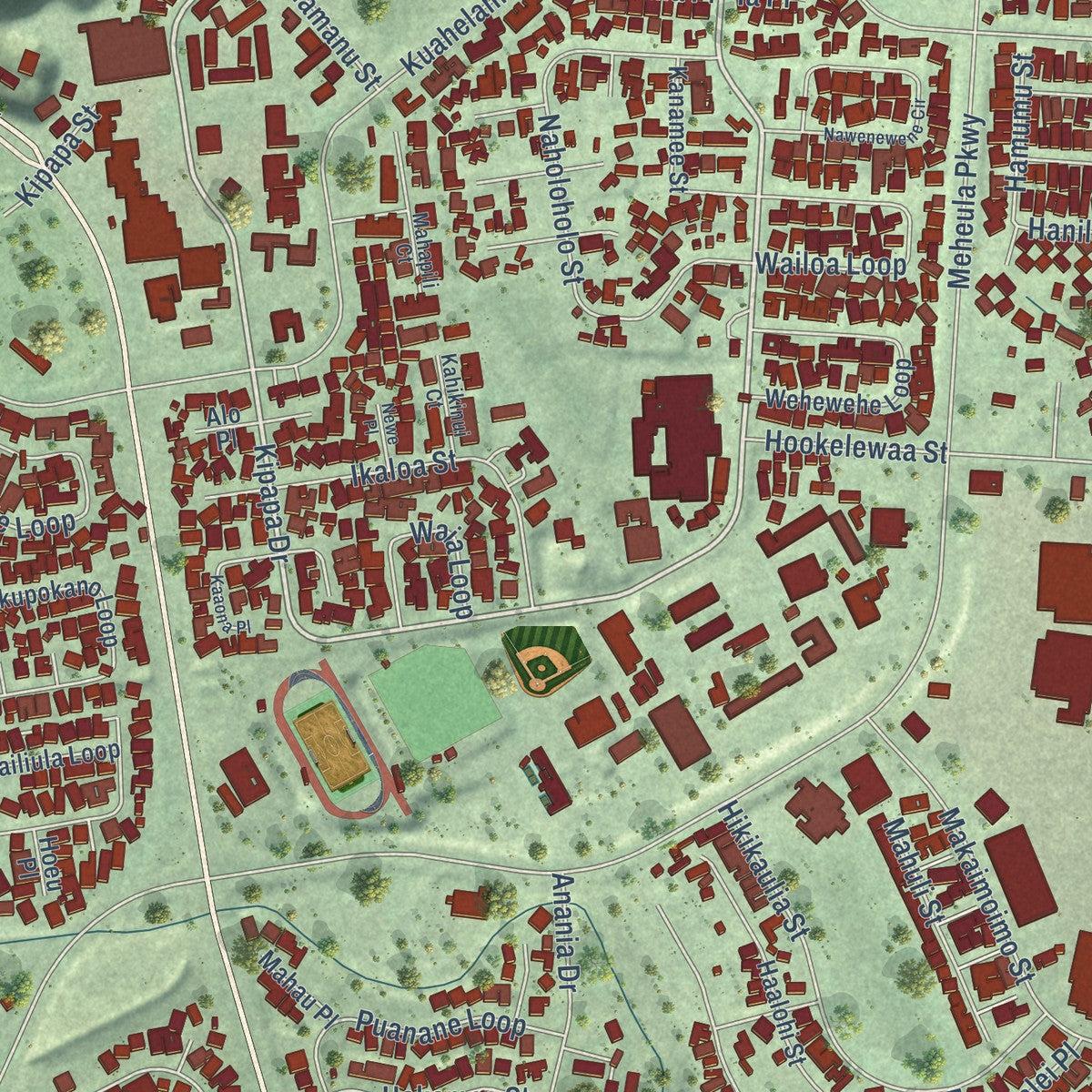 Close-up of the map of Mililani Town, Hawaii print showing street and building detail