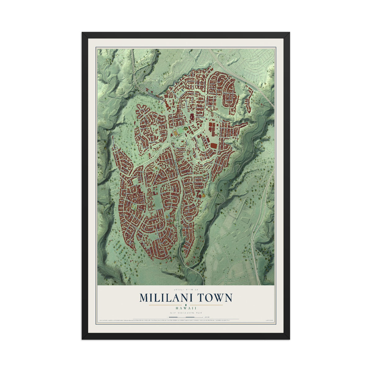 Map of Mililani Town, Hawaii, 12 x 18 inch print in a black wood frame