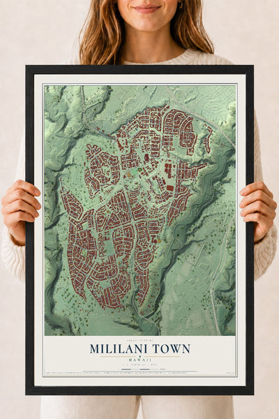 Map of Mililani Town, Hawaii, 18 x 24 inch print in a black wood frame