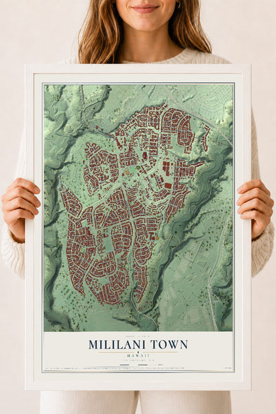Map of Mililani Town, Hawaii, 18 x 24 inch print in a white wood frame