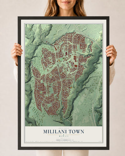 Map of Mililani Town, Hawaii, 24 x 36 inch print in a black wood frame