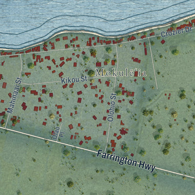 Close-up of the map of Mokuleia, Hawaii print showing street and building detail