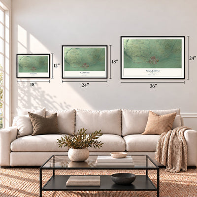 Naalehu, Hawaii map in 12 x 18, 18 x 24 and 24 x 36 inch sizes above a sofa