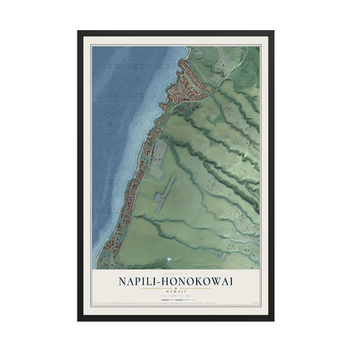 Map of Napili-Honokowai, Hawaii, 12 x 18 inch print in a black wood frame