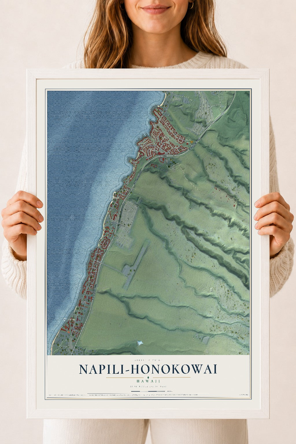 Map of Napili-Honokowai, Hawaii, 18 x 24 inch print in a white wood frame