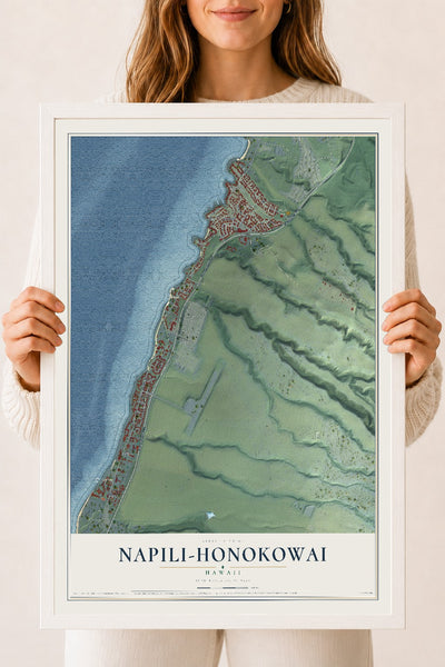 Map of Napili-Honokowai, Hawaii, 18 x 24 inch print in a white wood frame
