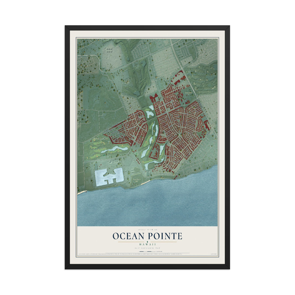 Map of Ocean Pointe, Hawaii, 12 x 18 inch print in a black wood frame