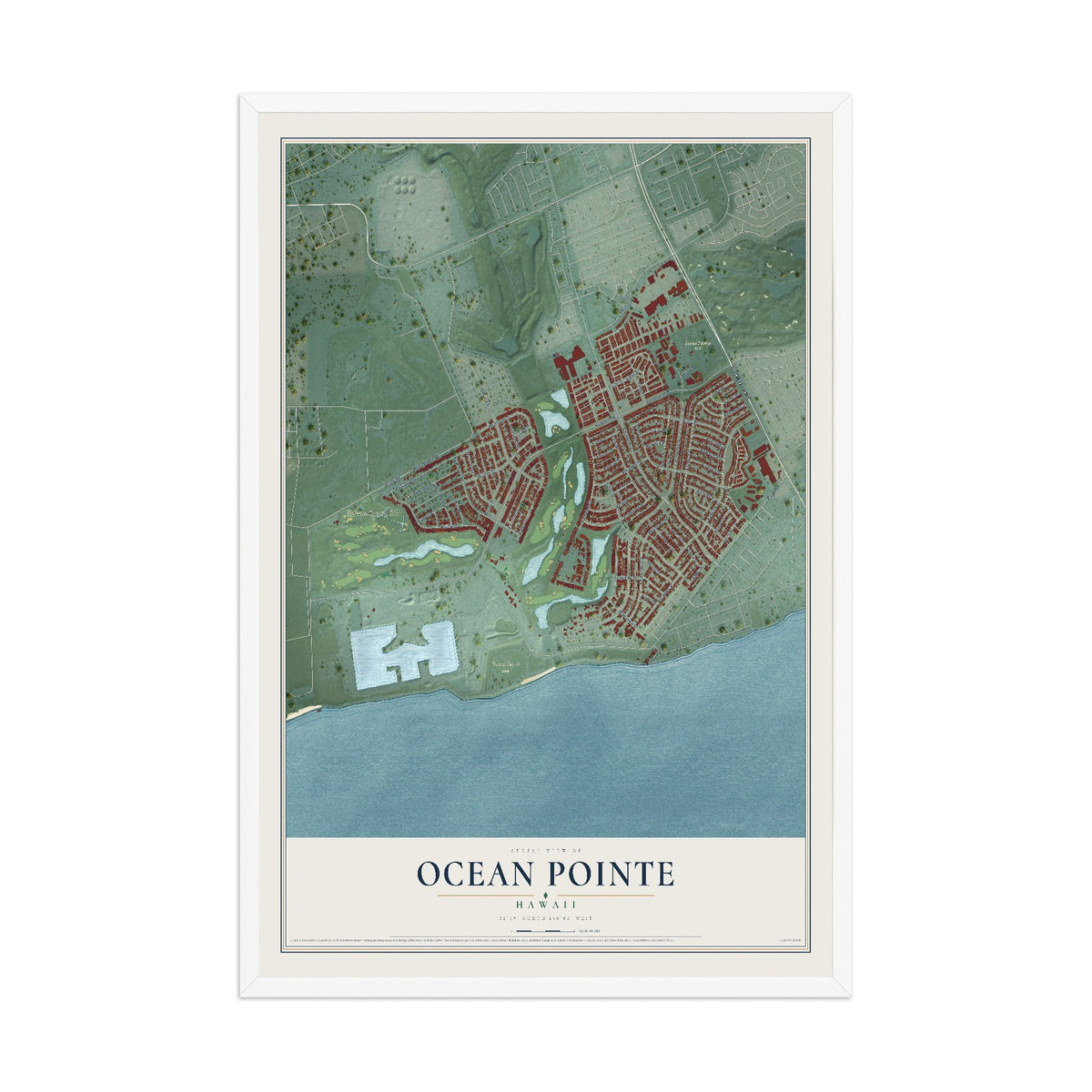 Map of Ocean Pointe, Hawaii, 12 x 18 inch print in a white wood frame