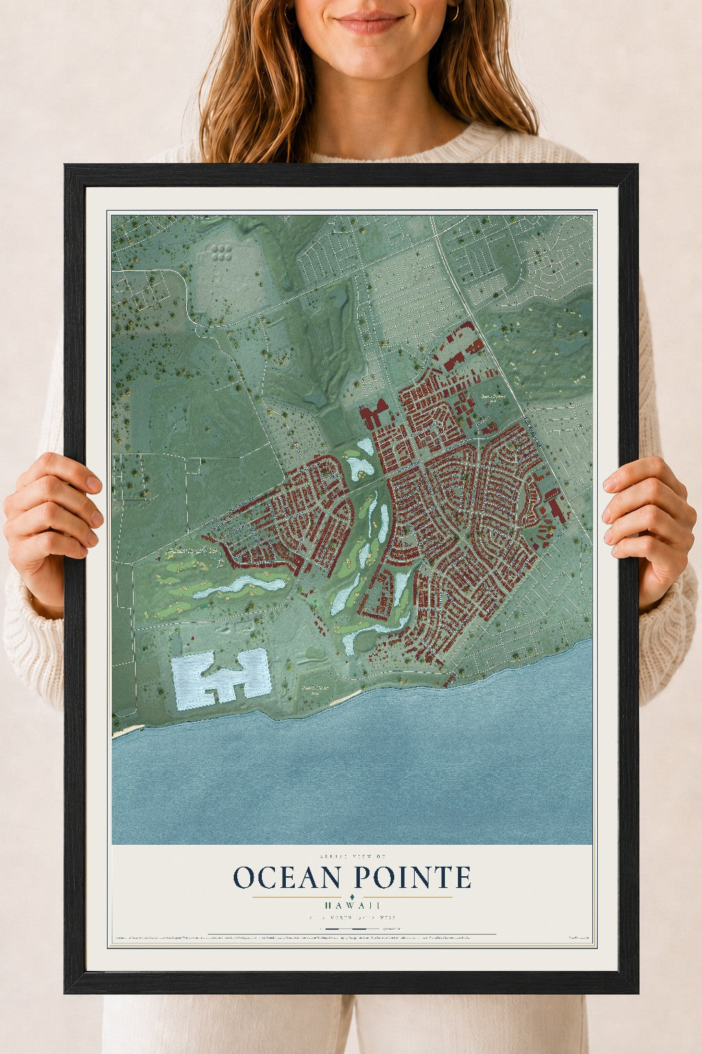 Map of Ocean Pointe, Hawaii, 18 x 24 inch print in a black wood frame