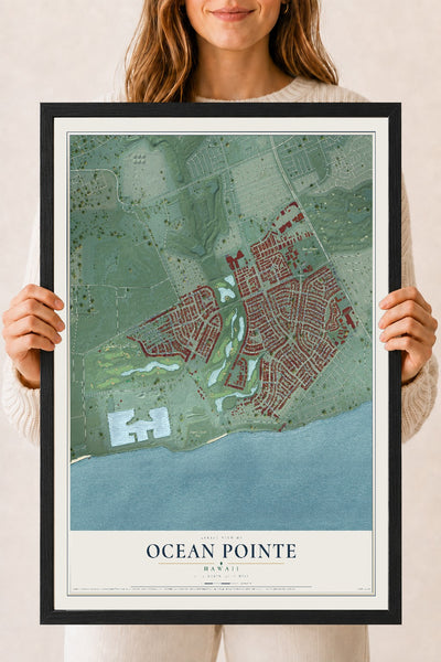 Map of Ocean Pointe, Hawaii, 18 x 24 inch print in a black wood frame