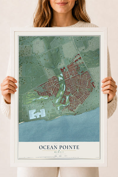 Map of Ocean Pointe, Hawaii, 18 x 24 inch print in a white wood frame