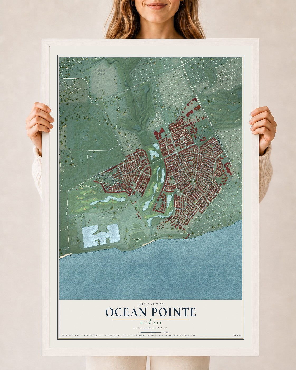 Map of Ocean Pointe, Hawaii, 24 x 36 inch print in a white wood frame