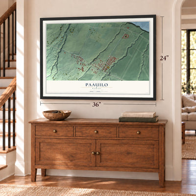 Paauilo, Hawaii map, 24 x 36 inch print in a black frame above a dresser by a staircase