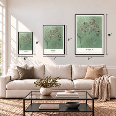 Pahala, Hawaii map in 12 x 18, 18 x 24 and 24 x 36 inch sizes above a sofa