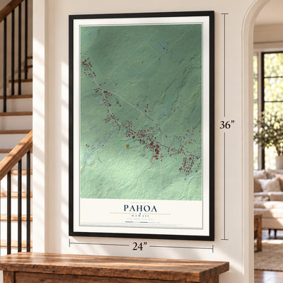 Pahoa, Hawaii map, 24 x 36 inch print in a black frame by a staircase