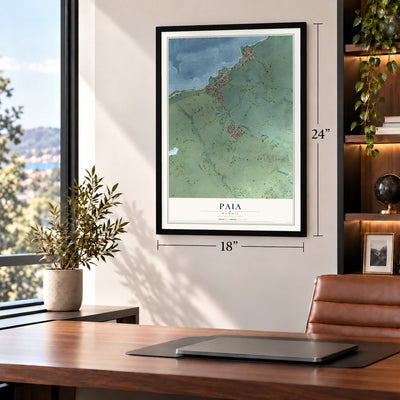 Paia, Hawaii map, 18 x 24 inch print in a black frame in a home office