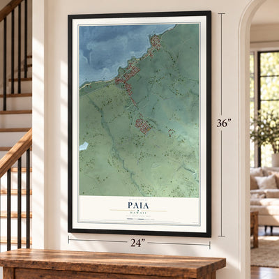 Paia, Hawaii map, 24 x 36 inch print in a black frame by a staircase