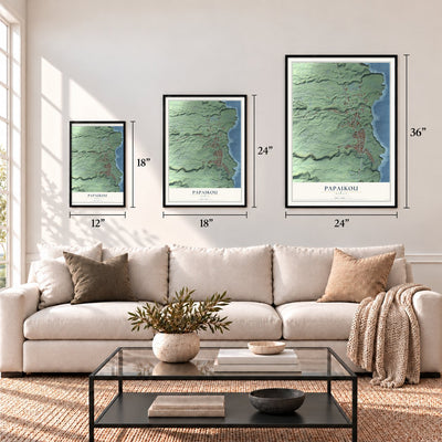 Papaikou, Hawaii map in 12 x 18, 18 x 24 and 24 x 36 inch sizes above a sofa