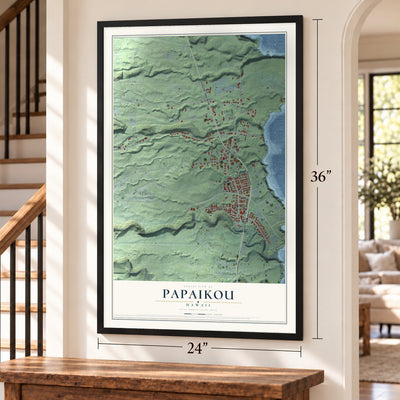 Papaikou, Hawaii map, 24 x 36 inch print in a black frame by a staircase