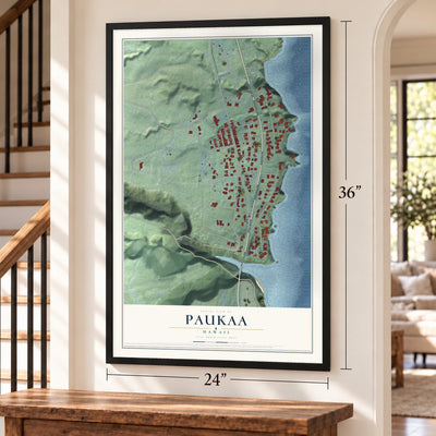 Paukaa, Hawaii map, 24 x 36 inch print in a black frame by a staircase