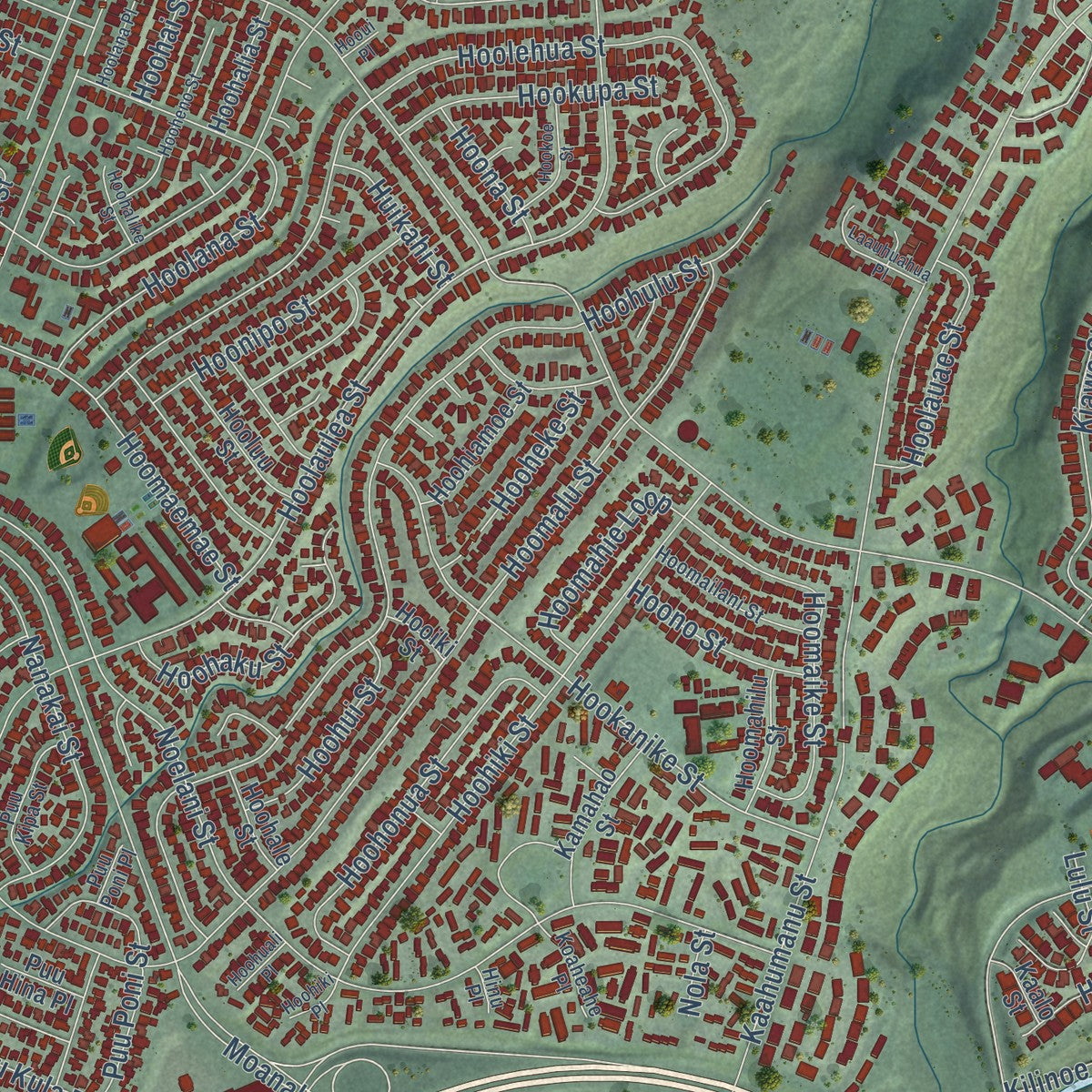Close-up of the map of Pearl City, Hawaii print showing street and building detail