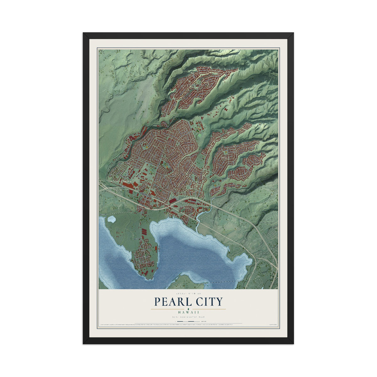 Map of Pearl City, Hawaii, 12 x 18 inch print in a black wood frame
