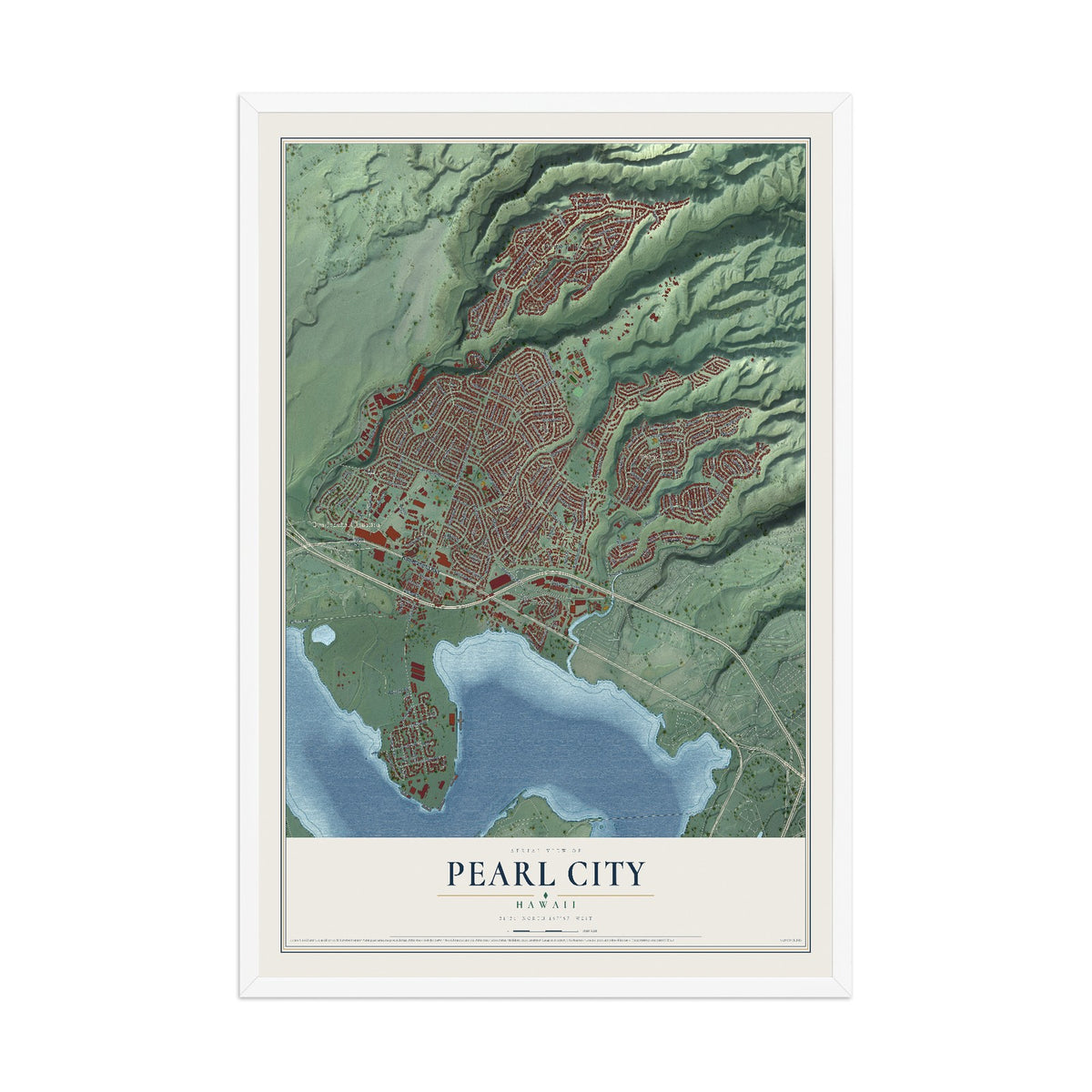 Map of Pearl City, Hawaii, 12 x 18 inch print in a white wood frame