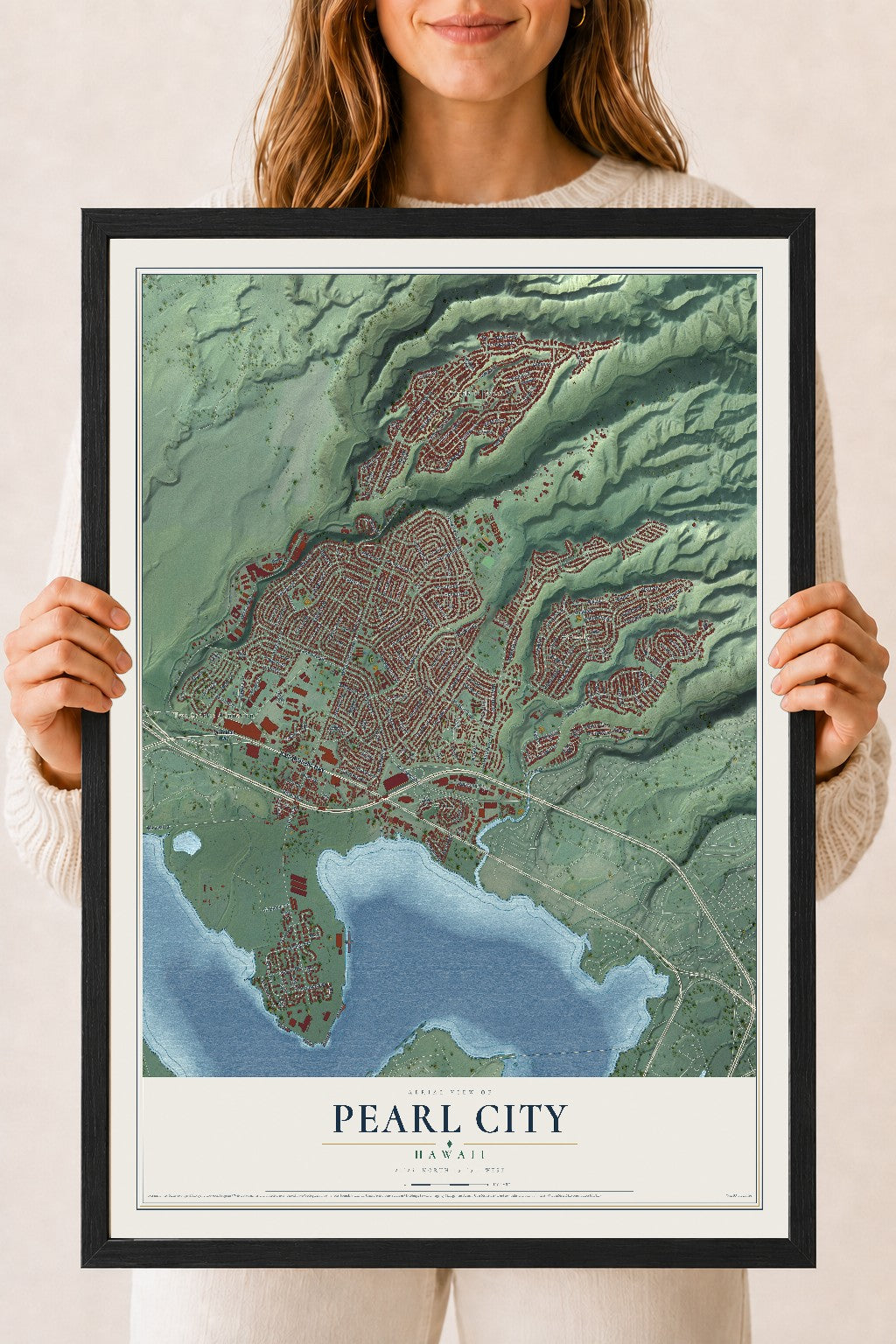 Map of Pearl City, Hawaii, 18 x 24 inch print in a black wood frame