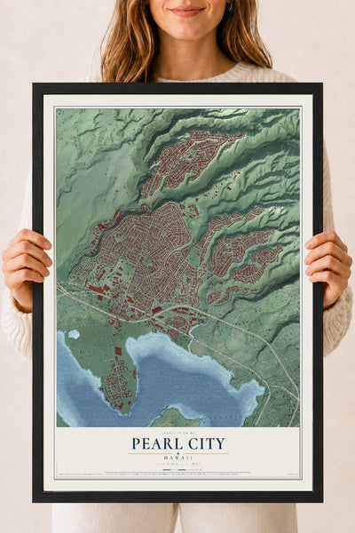 Map of Pearl City, Hawaii, 18 x 24 inch print in a black wood frame