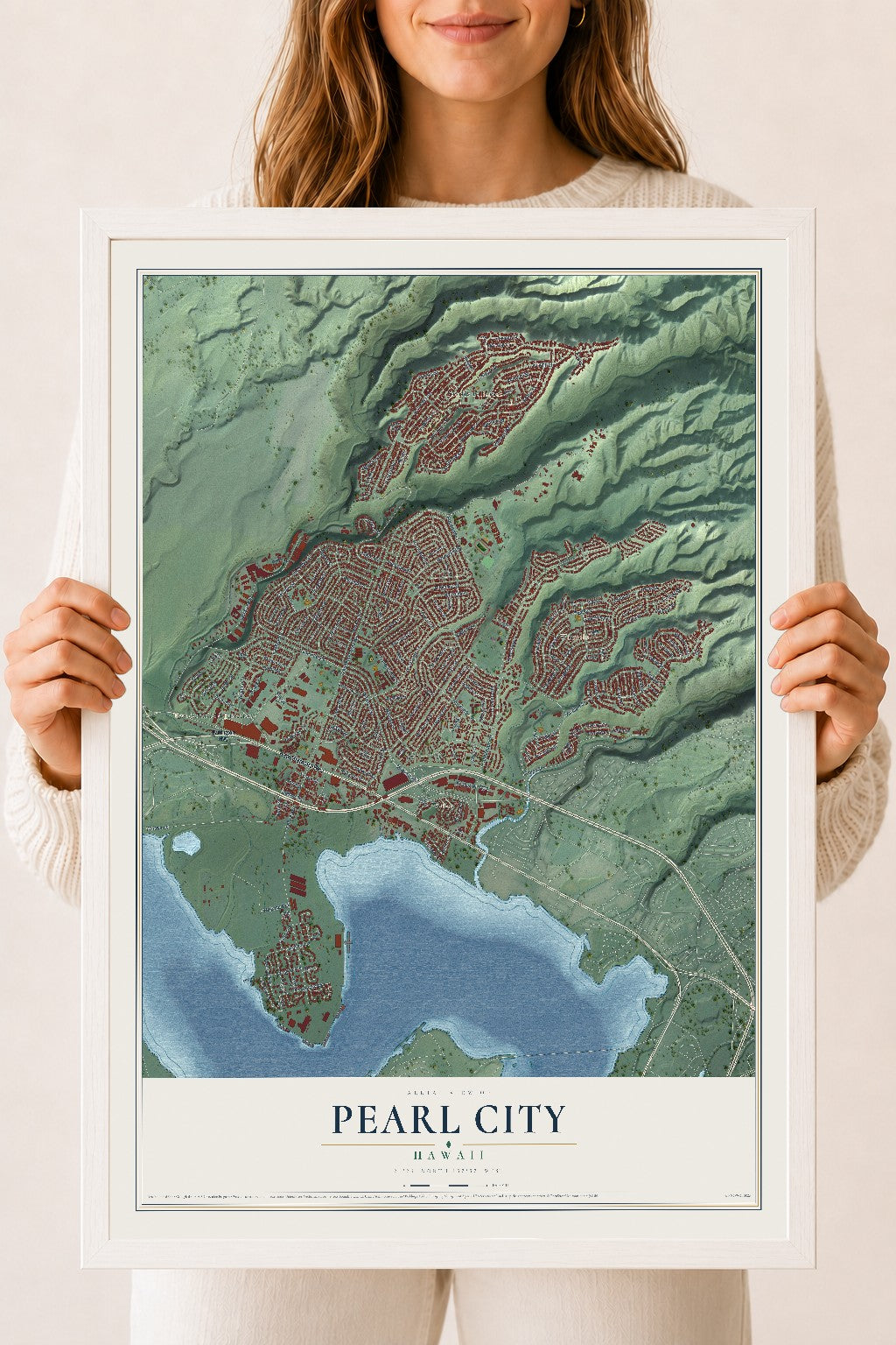 Map of Pearl City, Hawaii, 18 x 24 inch print in a white wood frame