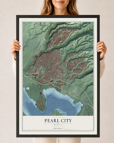 Map of Pearl City, Hawaii, 24 x 36 inch print in a black wood frame