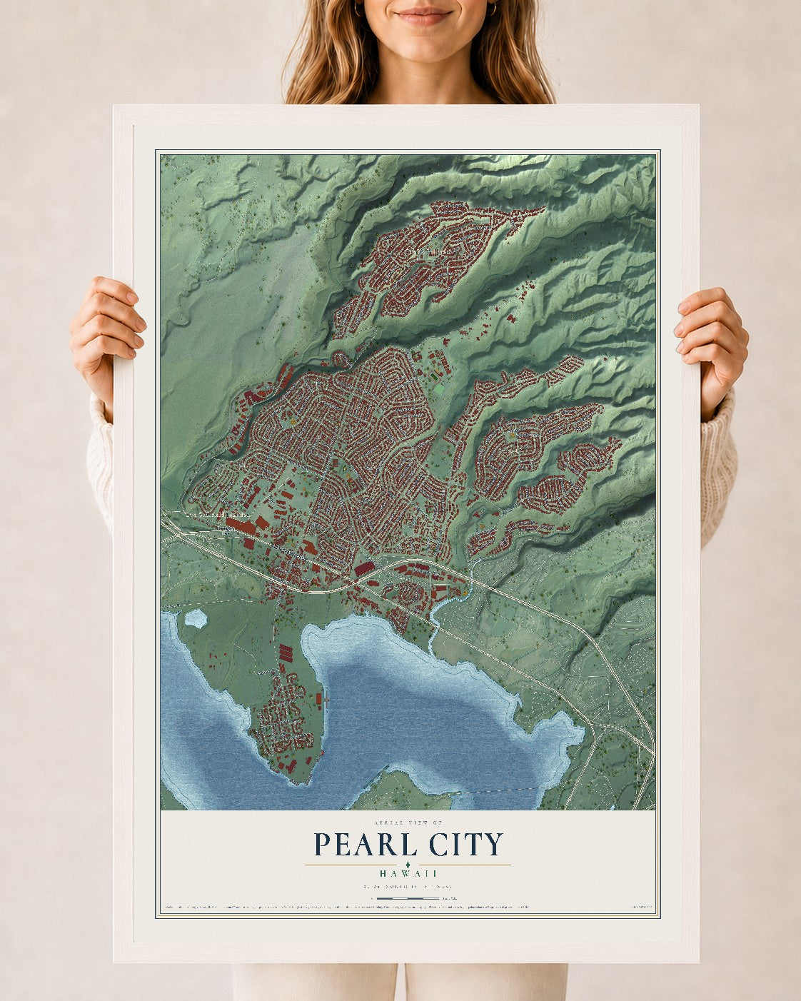 Map of Pearl City, Hawaii, 24 x 36 inch print in a white wood frame
