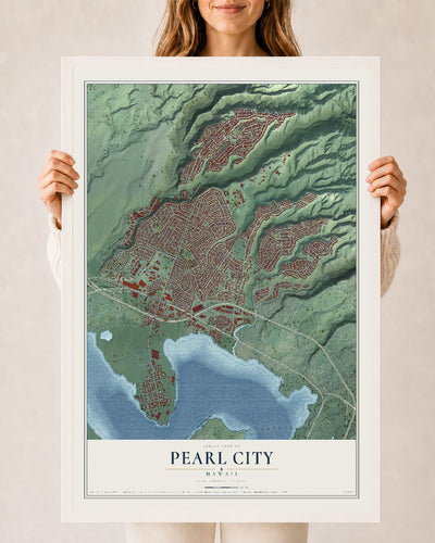Map of Pearl City, Hawaii, 24 x 36 inch print in a white wood frame