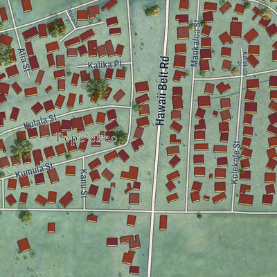 Close-up of the map of Pepeekeo, Hawaii print showing street and building detail