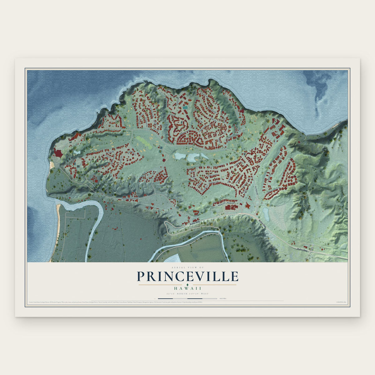 Princeville, Hawaii map print, the full design