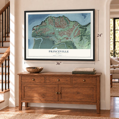 Princeville, Hawaii map, 24 x 36 inch print in a black frame above a dresser by a staircase