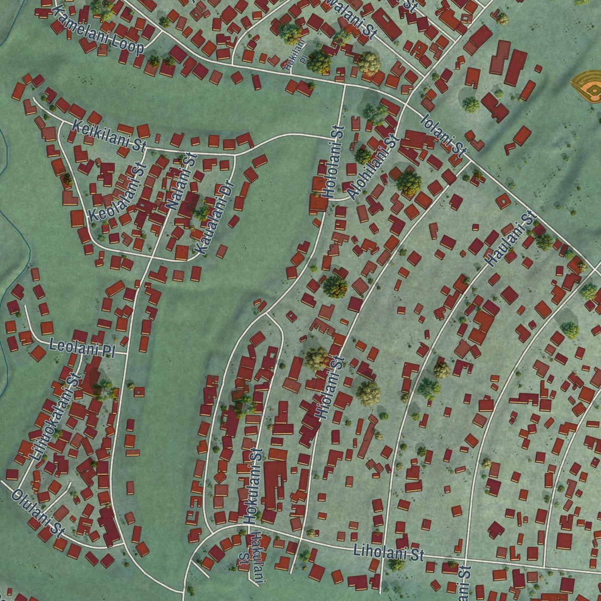 Second close-up of the map of Pukalani, Hawaii print showing more streets and buildings