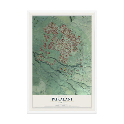 Map of Pukalani, Hawaii, 12 x 18 inch print in a white wood frame