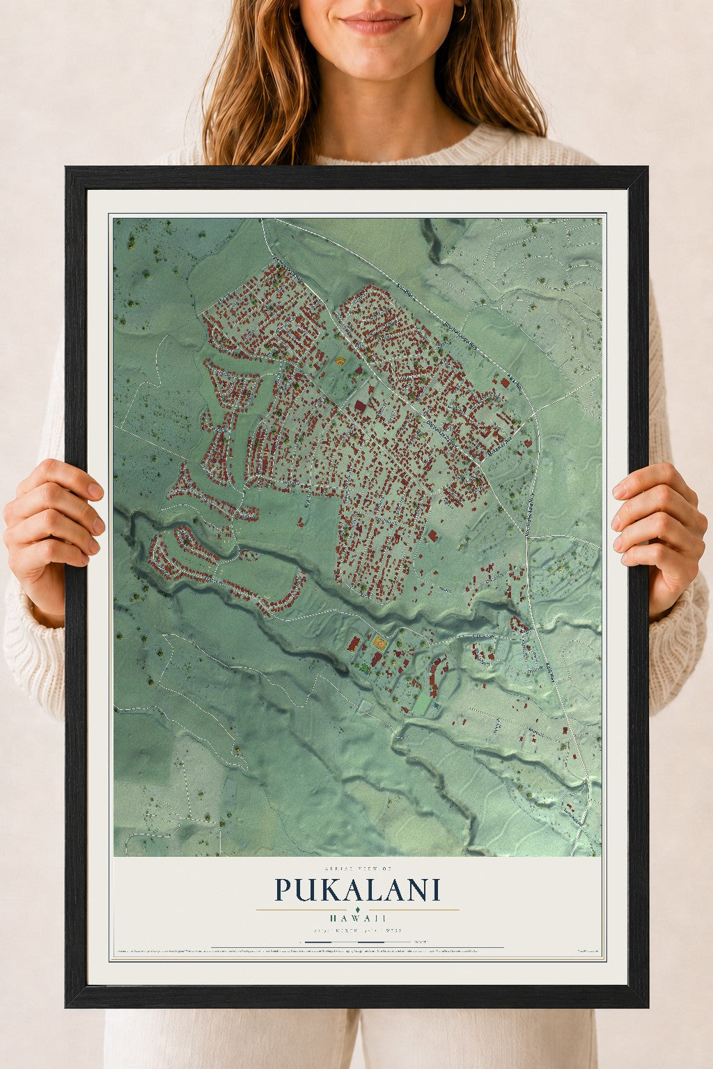 Map of Pukalani, Hawaii, 18 x 24 inch print in a black wood frame