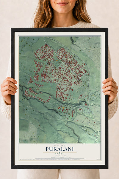 Map of Pukalani, Hawaii, 18 x 24 inch print in a black wood frame
