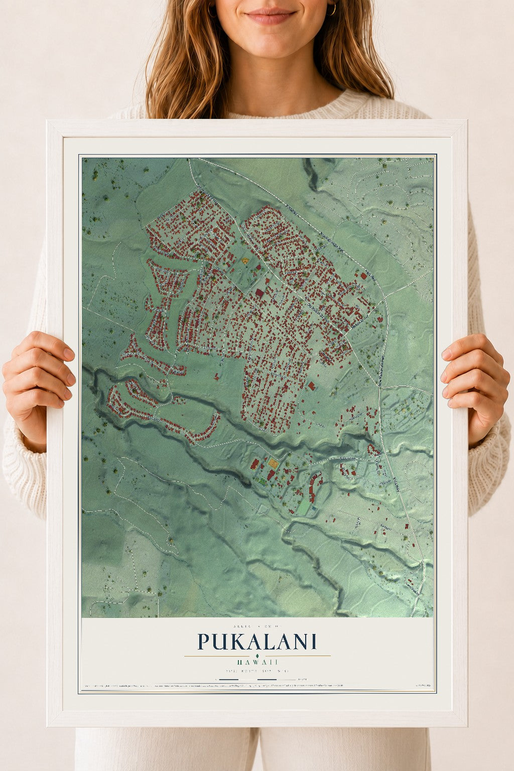 Map of Pukalani, Hawaii, 18 x 24 inch print in a white wood frame
