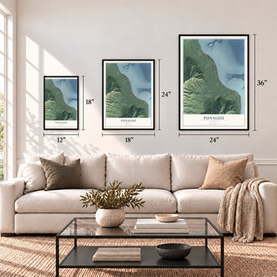 Punaluu, Hawaii map in 12 x 18, 18 x 24 and 24 x 36 inch sizes above a sofa