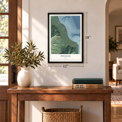 Punaluu, Hawaii map, 12 x 18 inch print in a black frame in an entryway