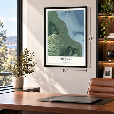 Punaluu, Hawaii map, 18 x 24 inch print in a black frame in a home office